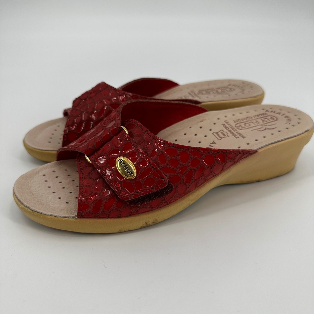Fly Flot Red Croc Embossed Leather Anatomic Comfort Wedge Slide Sandals 7